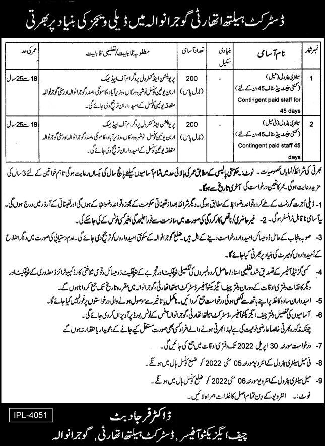 District Health Authority Gujranwala Jobs 2022 for Sanitary Patrol