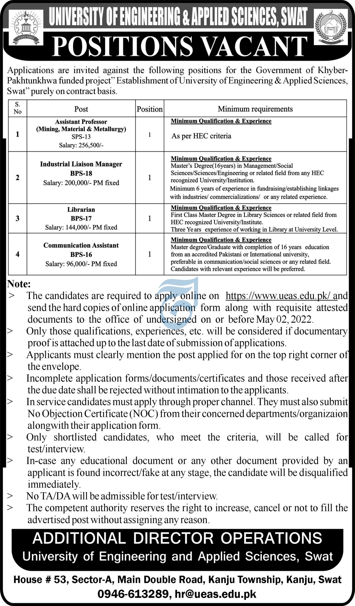 University of Engineering and Applied Sciences UEAS Swat Jobs 2022