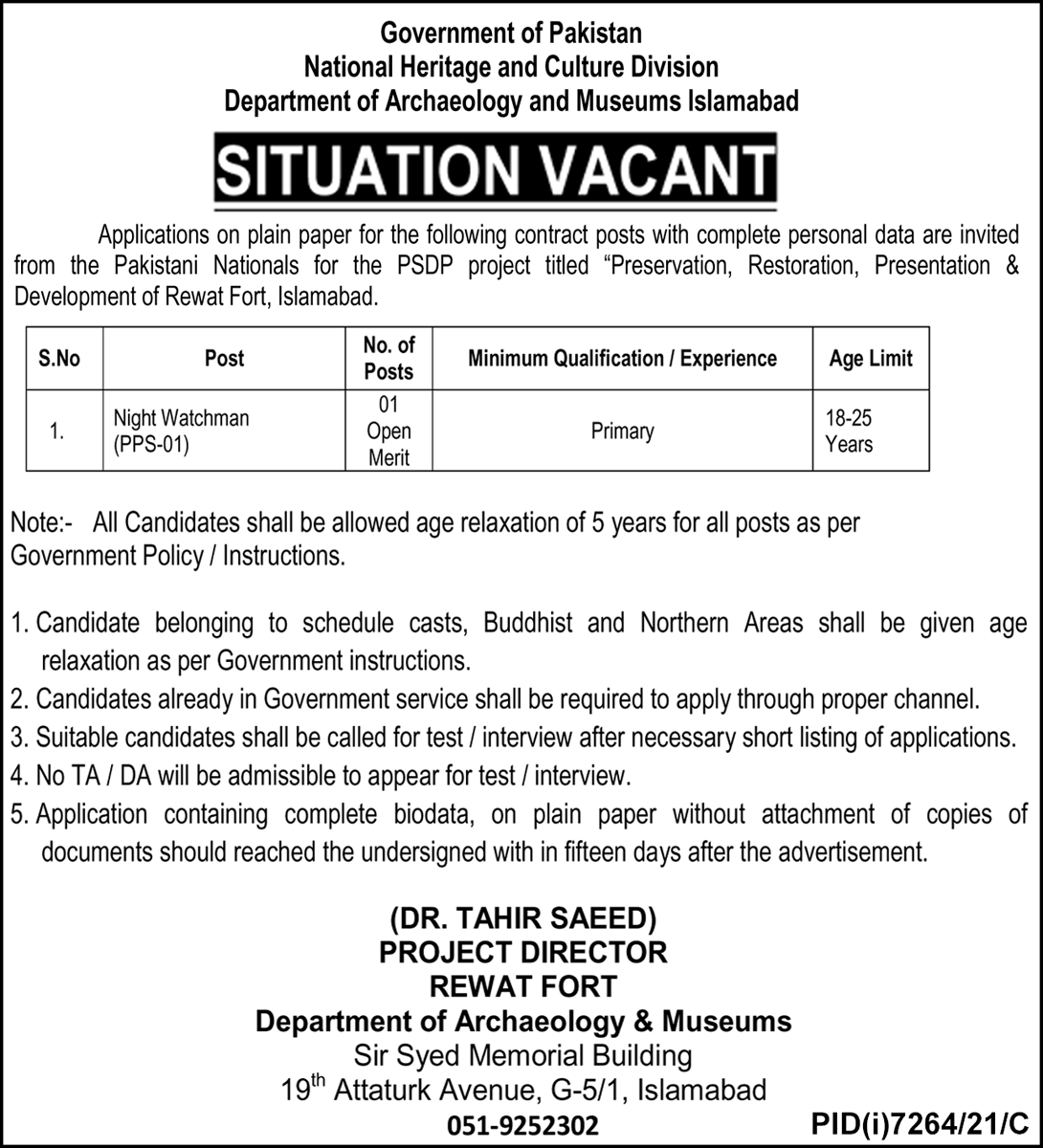 Archaeology & Museum Department Islamabad Jobs