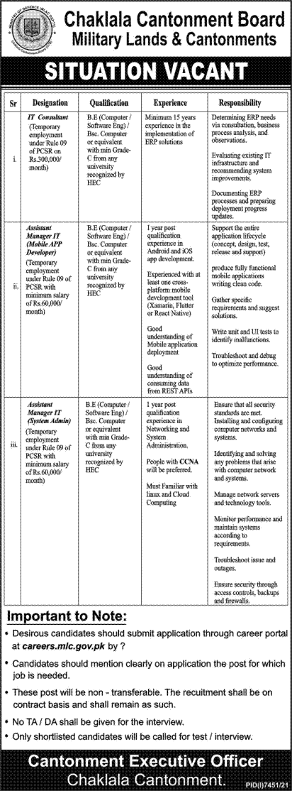 Military Lands & Cantonments Chaklala Cantt Board Rawalpindi Jobs 2022