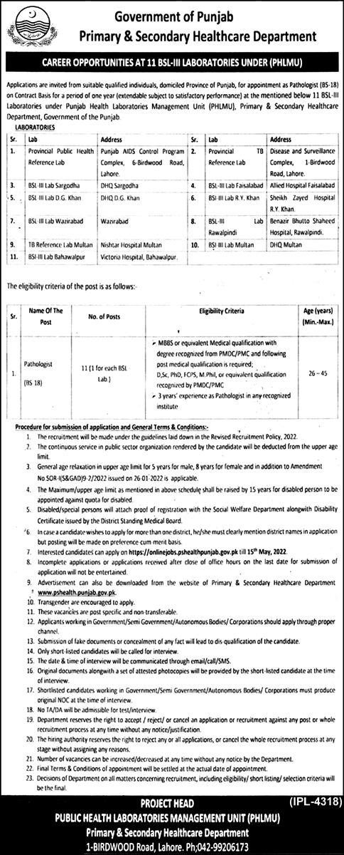 Primary & Secondary Healthcare Department Jobs 2022