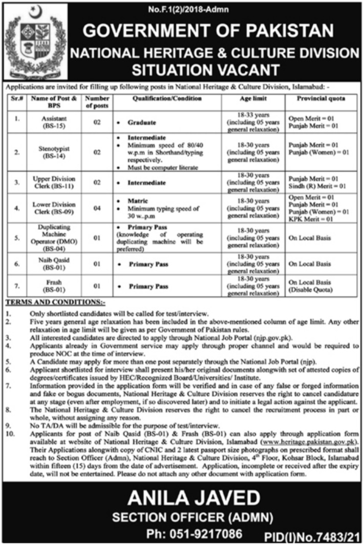 National Heritage & Culture Division Islamabad Jobs 2022 Online Form