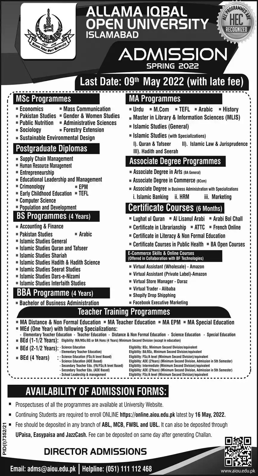 Allama Iqbal Open University AIOU Admission Spring 2022