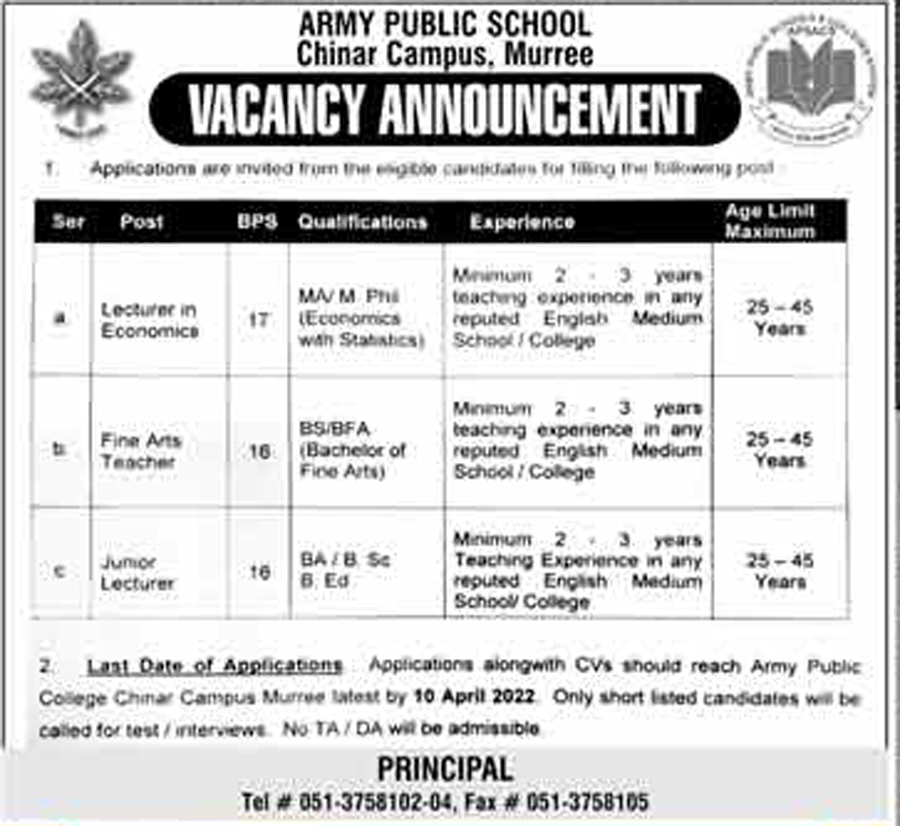 Army Public School APS Chinar Campus Murree Jobs 2022