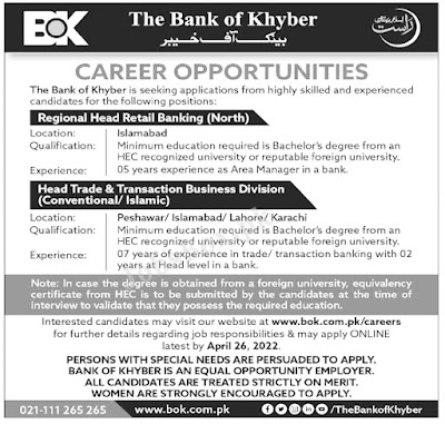 Bank of Khyber BOK Jobs 2022
