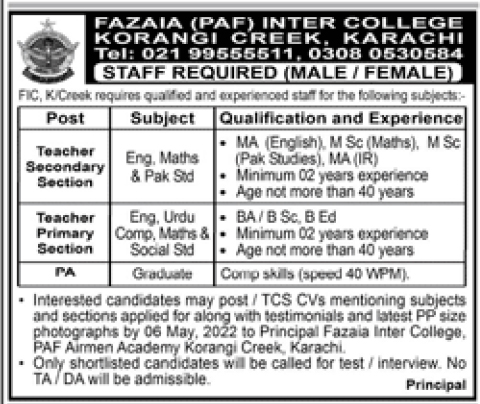 Fazaia Inter College Korangi Creek Karachi Jobs