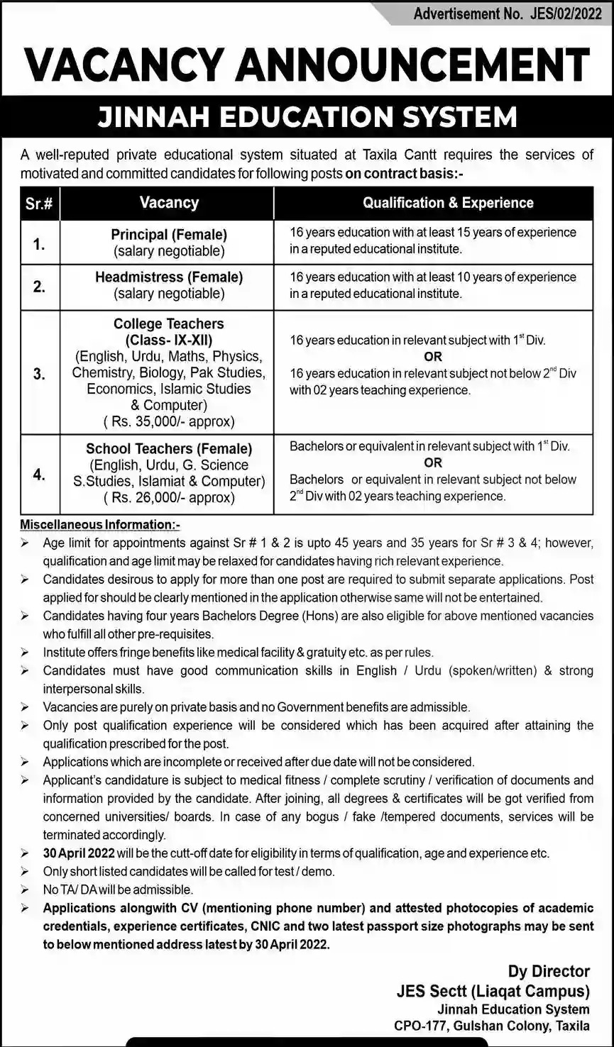 Jinnah Education System JES Taxila Cantt Jobs 2022 – Liaqat Campus