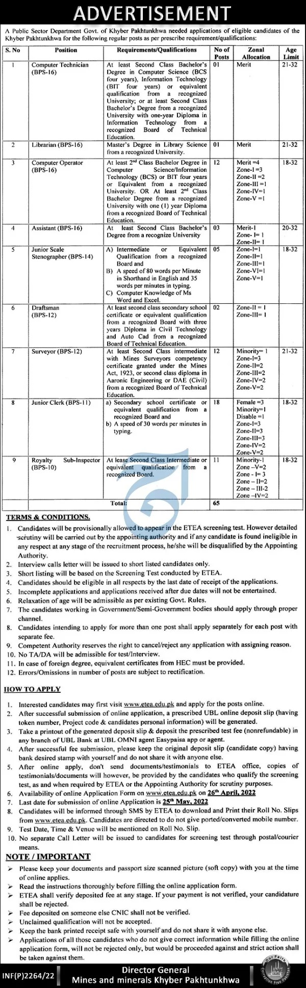Mines and Minerals Department KPK Jobs 2022 Online Form at ETEA