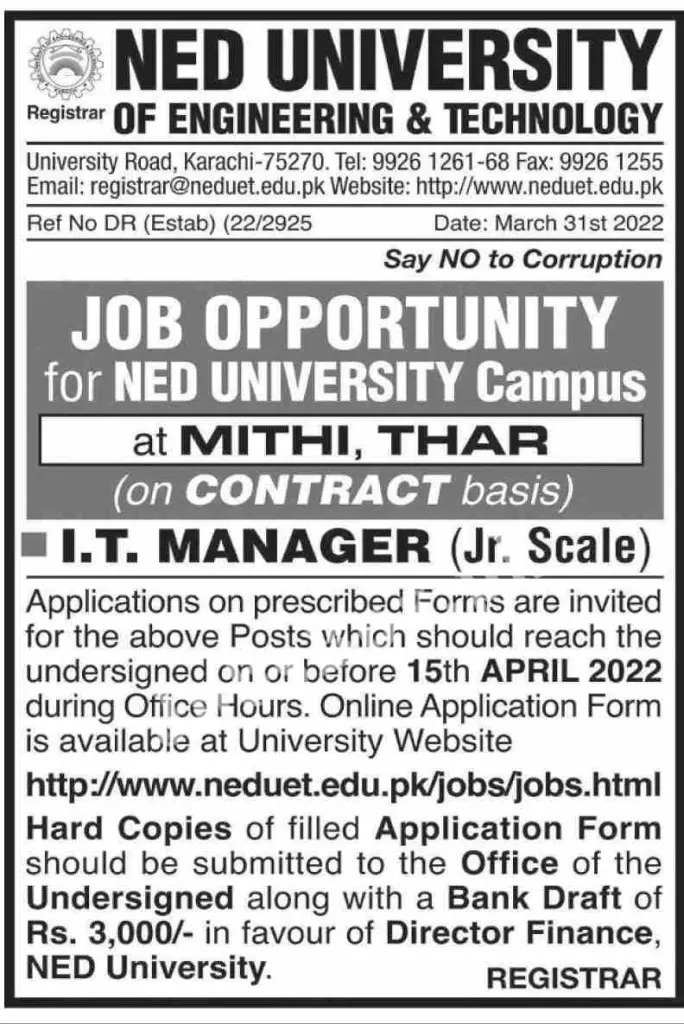 NED University Jobs 2022 – Apply Online