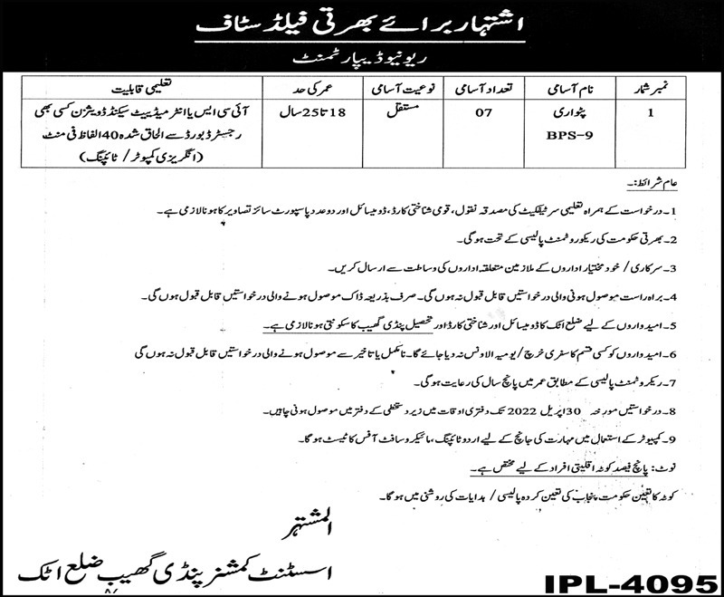 Revenue Department AC Office Fateh Jang & Pindigheb Attock Jobs 2022