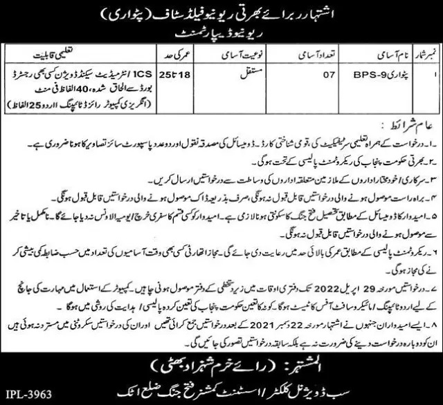 Revenue Department AC Office Fateh Jang & Pindigheb Attock Jobs 2022