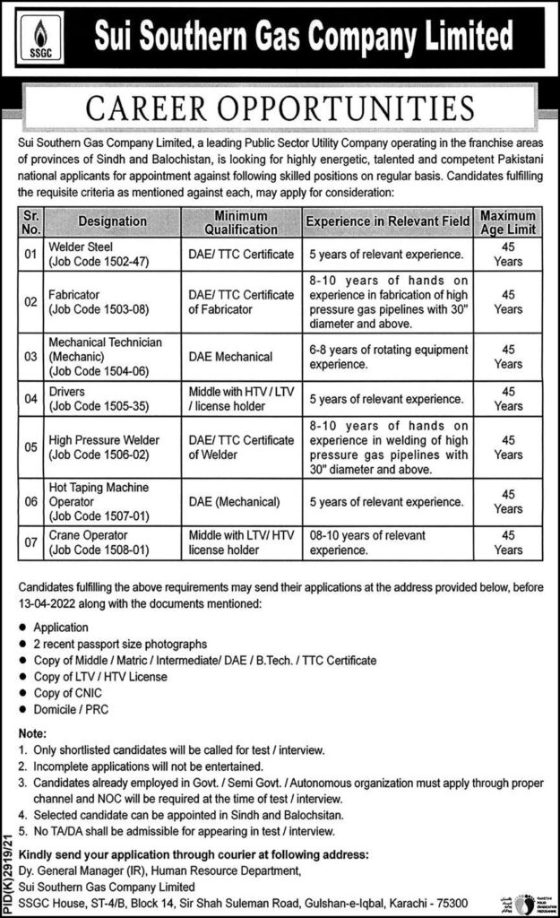 Sui Southern Gas Company SSGC Jobs 2022