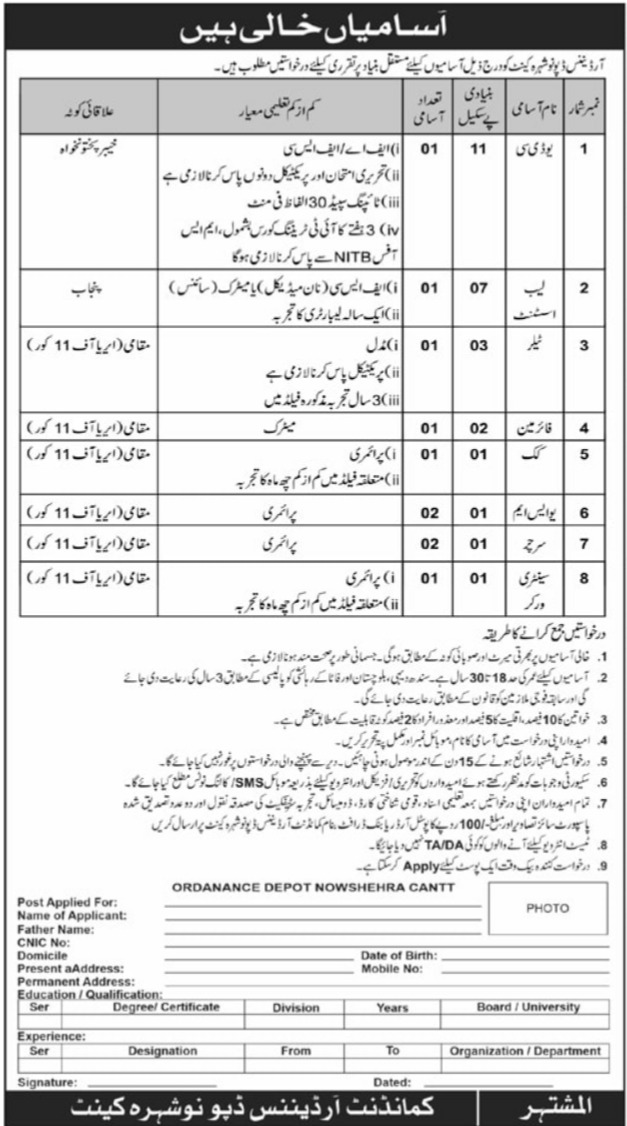 Ordnance Depot Nowshera Cantt Jobs 2022 Application Form Download