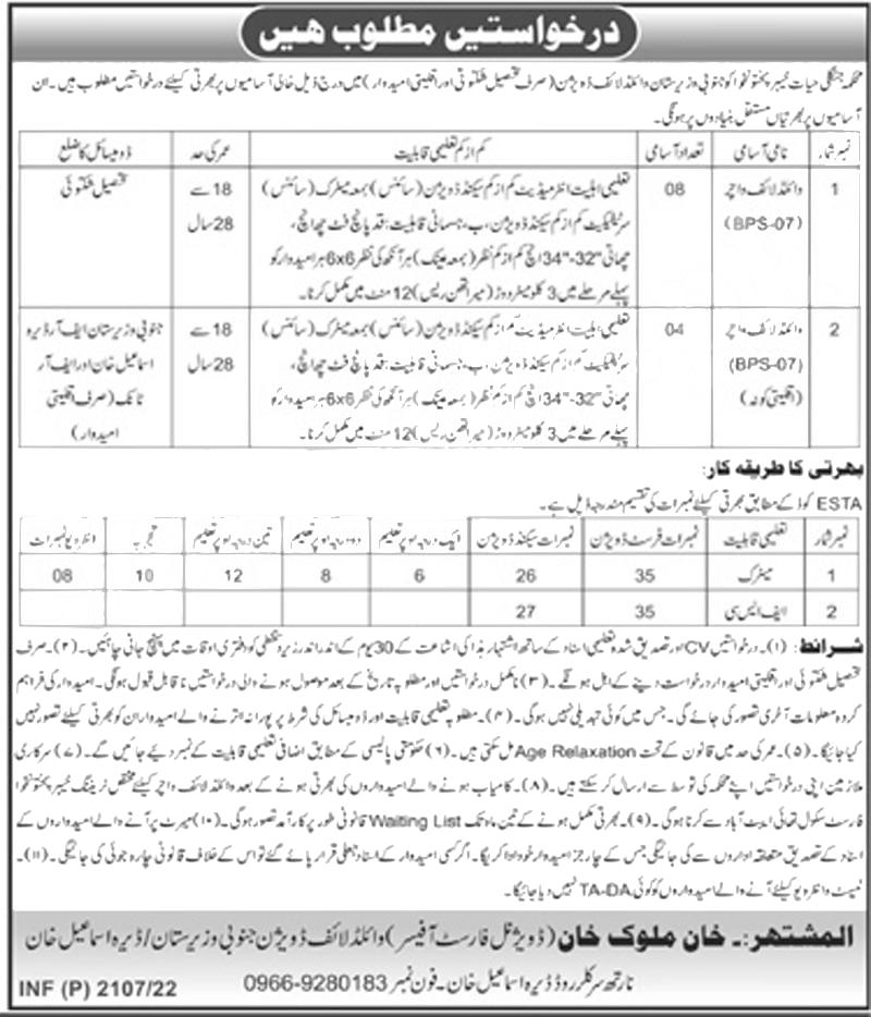 Wildlife Department South Waziristan Dera Ismail Khan Jobs 2022
