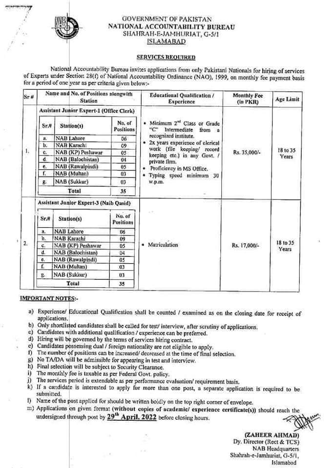 NAB Jobs 2022 for Junior Expert across Pakistan Download Form