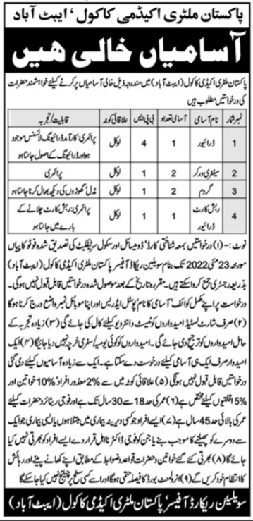 Pakistan Military Academy PMA Kakul Abbottabad Jobs 2022 Latest
