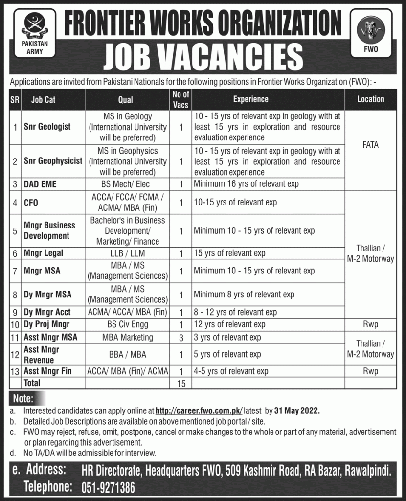 Frontier Works Organization FWO Jobs 2022 Form I Career.fow.com.pk