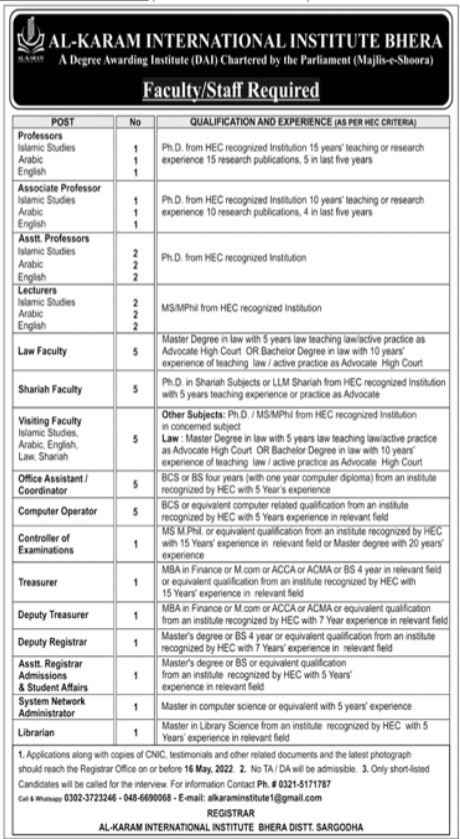 Al-Karam International Institute Bhera Jobs 2022 – Teaching Jobs