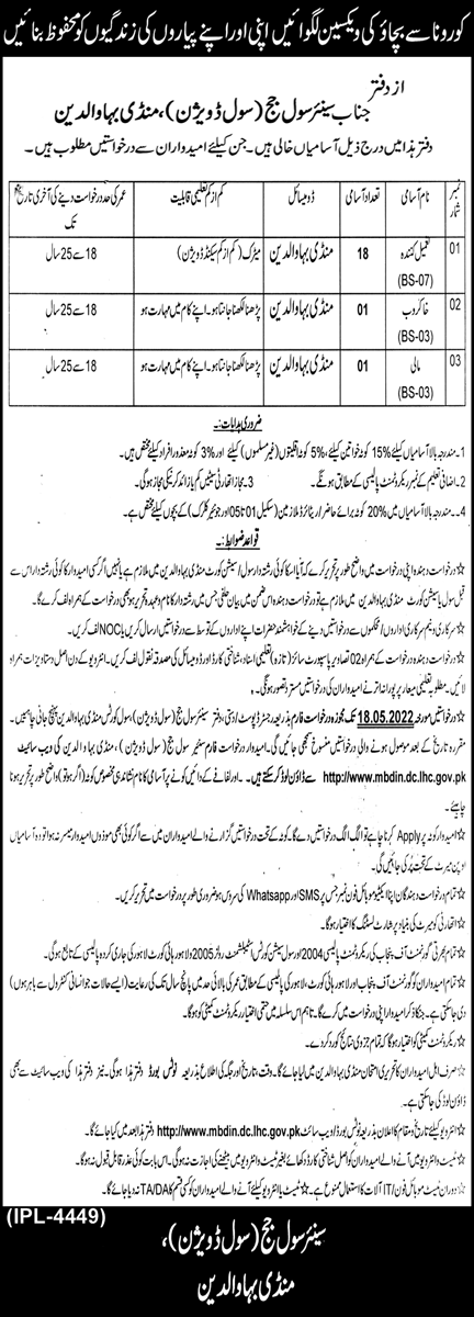 Senior Civil Judge Office Mandi Bahauddin Jobs 2022 Online Form