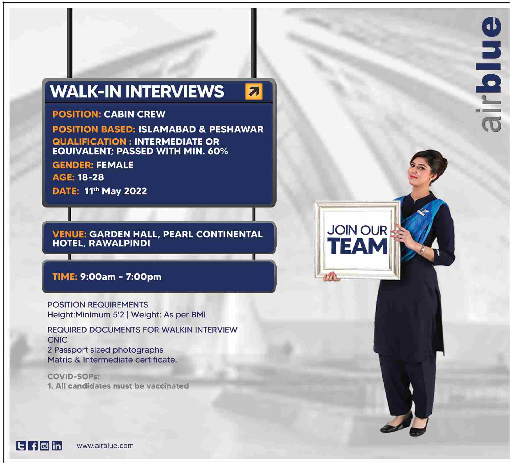 Airblue Jobs 2022 May Advertisement – Cabin Crew Recruitment