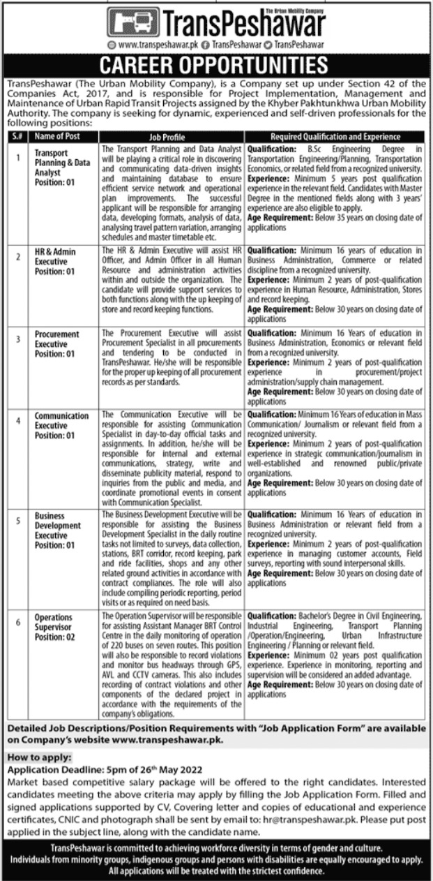 Urban Mobility Company TransPeshawar Jobs 2022