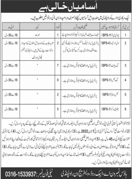 Government Institute Rawalpindi Jobs 2022