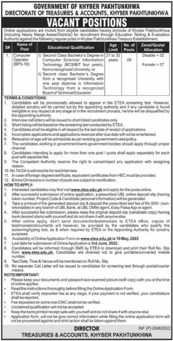 Treasuries and Accounts Department KPK Jobs 2022 via ETEA