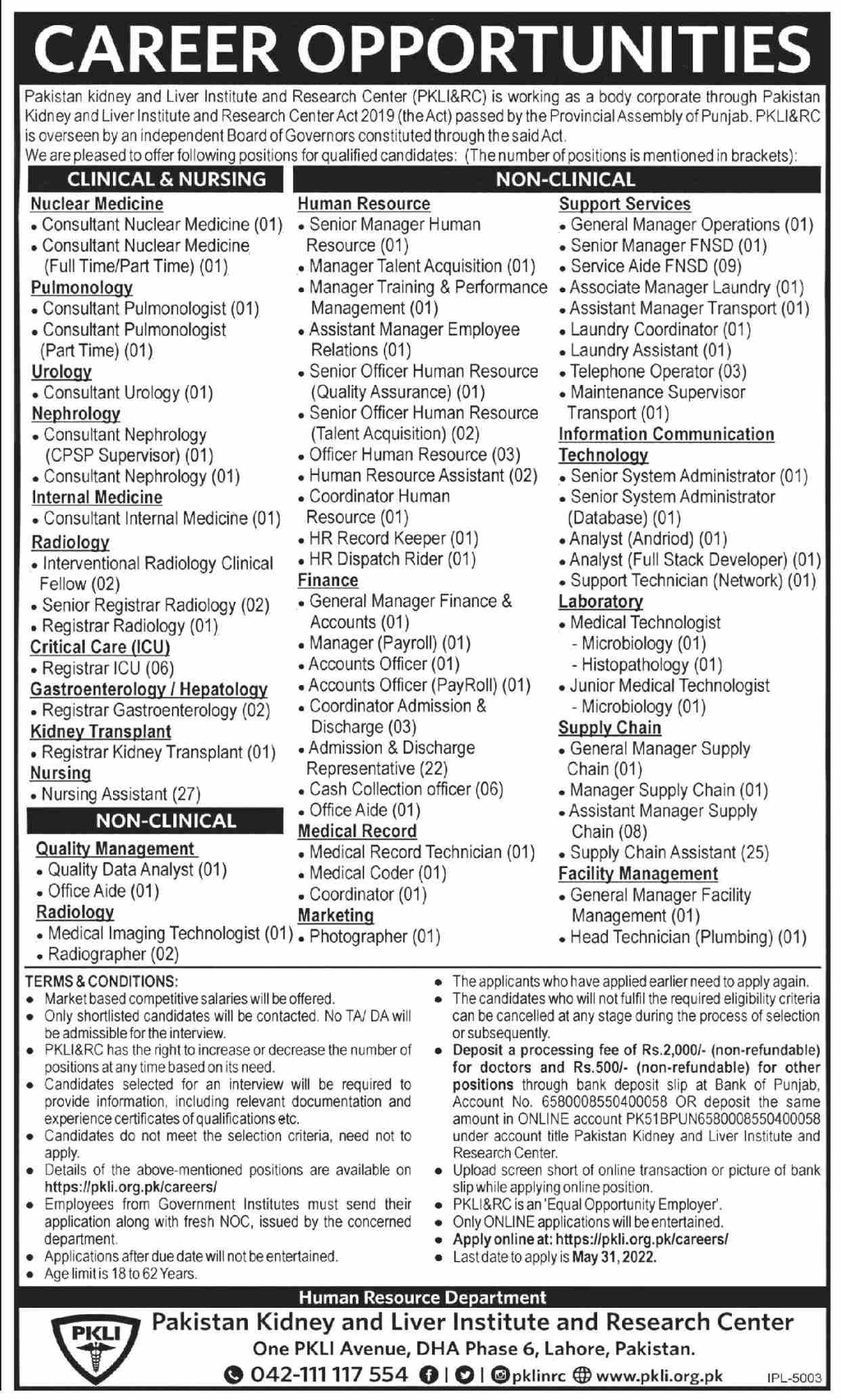 Pakistan Kidney And Liver Institute PKLI Jobs 2022 Online Form