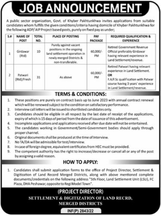 Girdawar and Patwari Jobs 2022 in KPK – Application Form