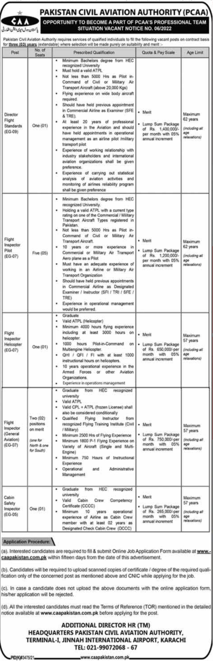Civil Aviation Authority CAA Pakistan Jobs 2022 – PCAA Ad No. 6