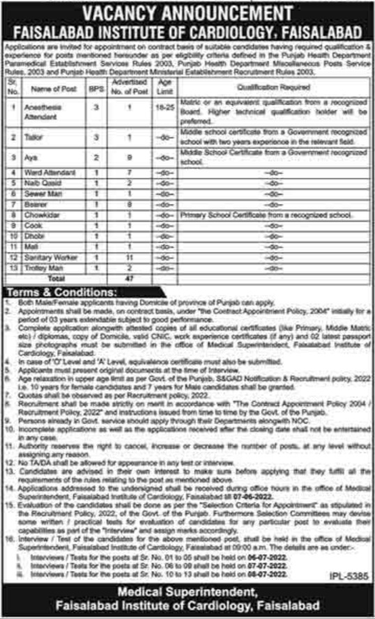 Faisalabad Institute of Cardiology Jobs 2022 for Class IV Staff