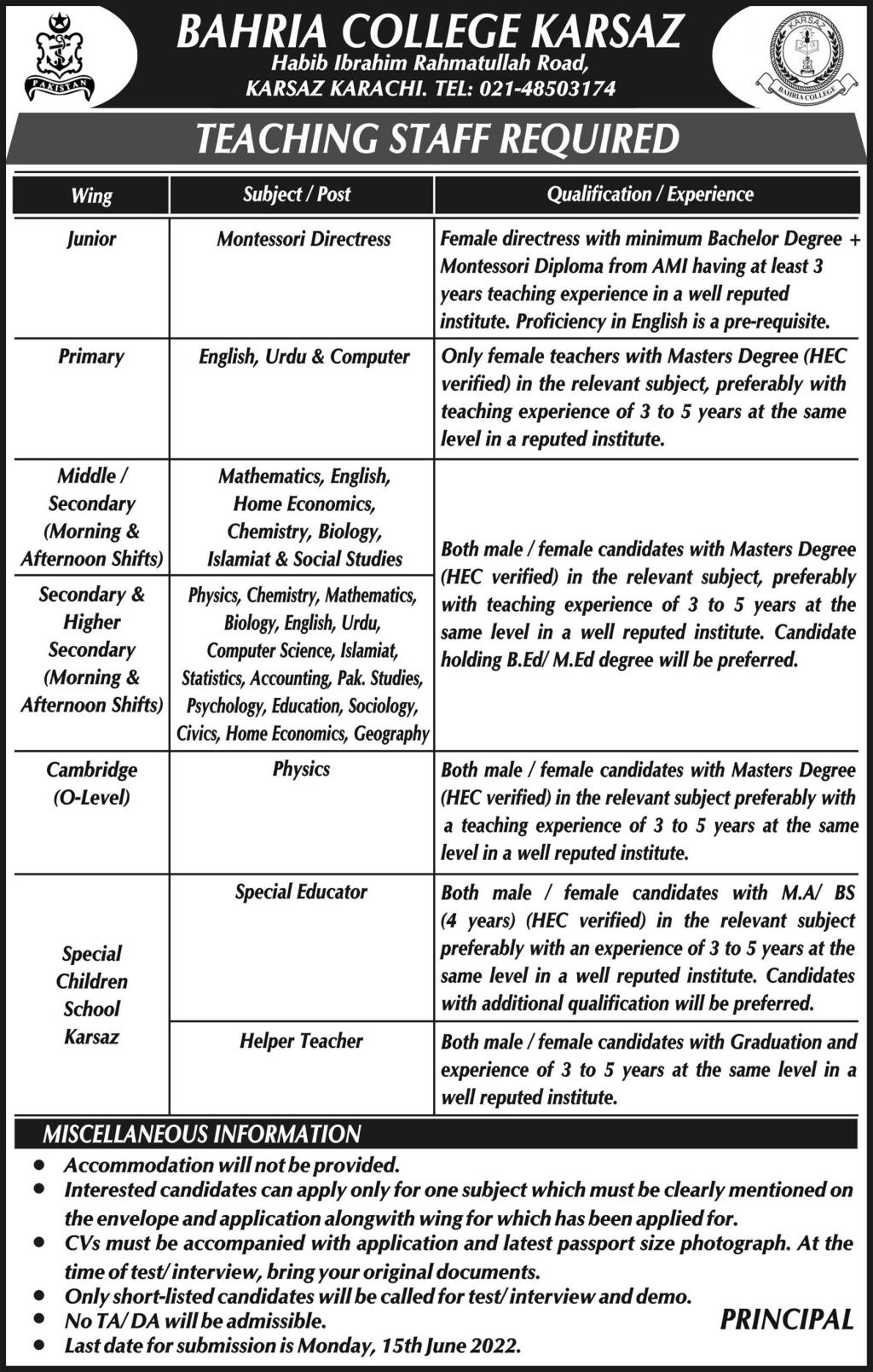 Bahria College Karsaz Karachi Jobs 2022 for Teachers