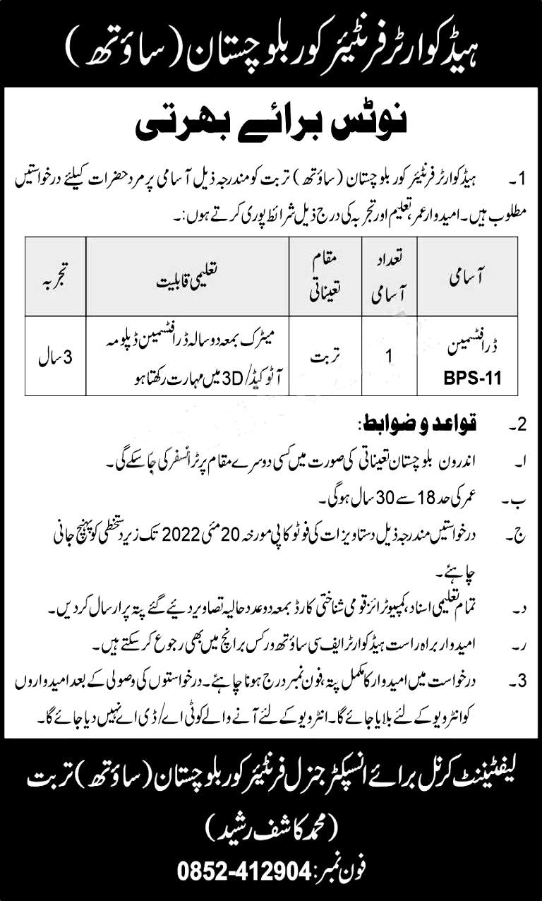 Headquarters Frontier Corps Balochistan South Jobs 2022
