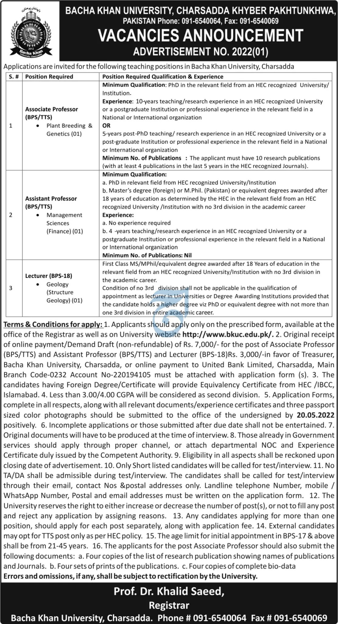 Bacha Khan University Charsadda Jobs 2022 Download Application Form