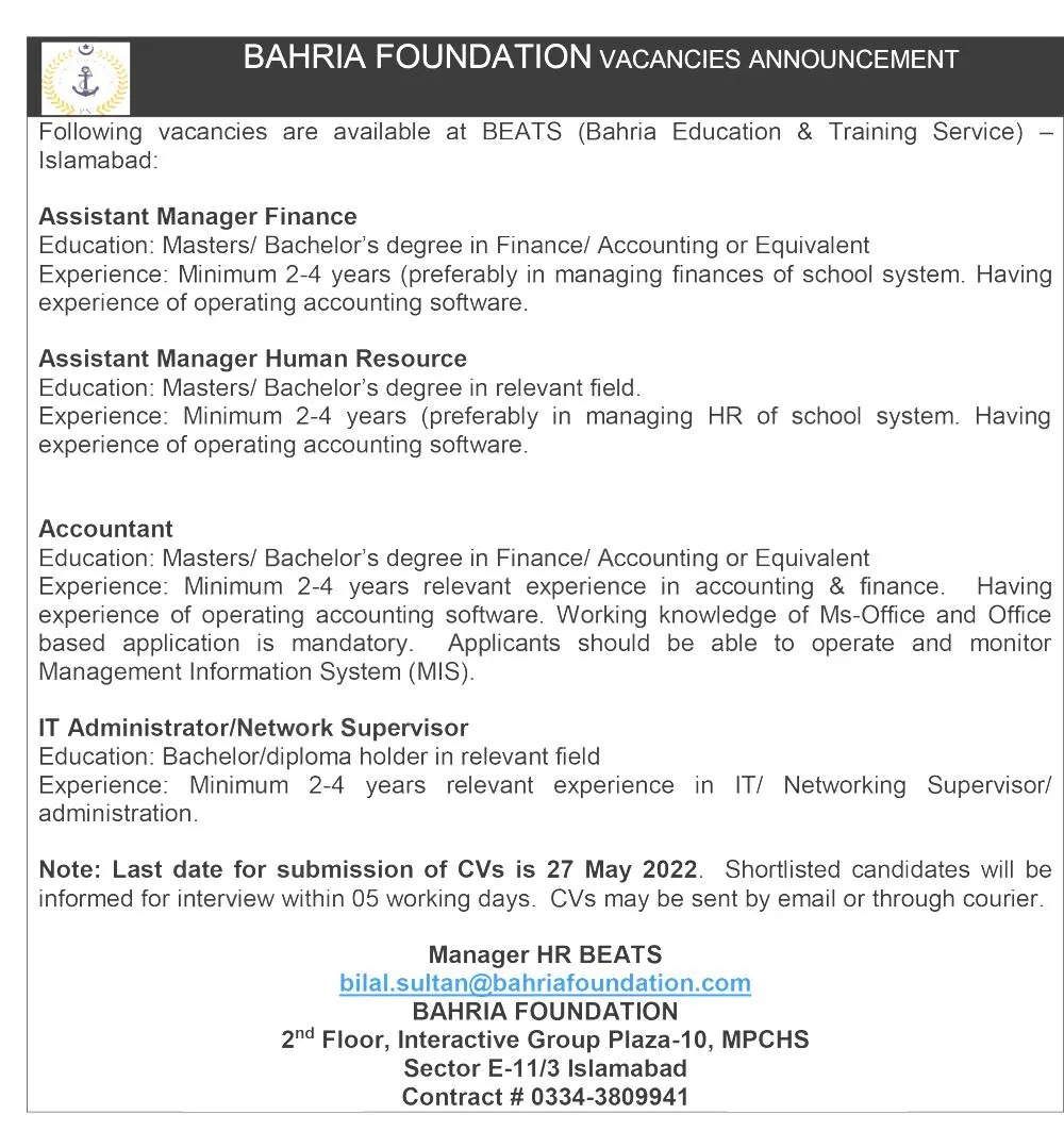 Bahria Foundation Jobs 2022 at BEATS Islamabad – Online Applications