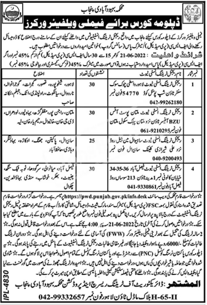 Family Welfare Workers Diploma with Monthly Stipend in Punjab
