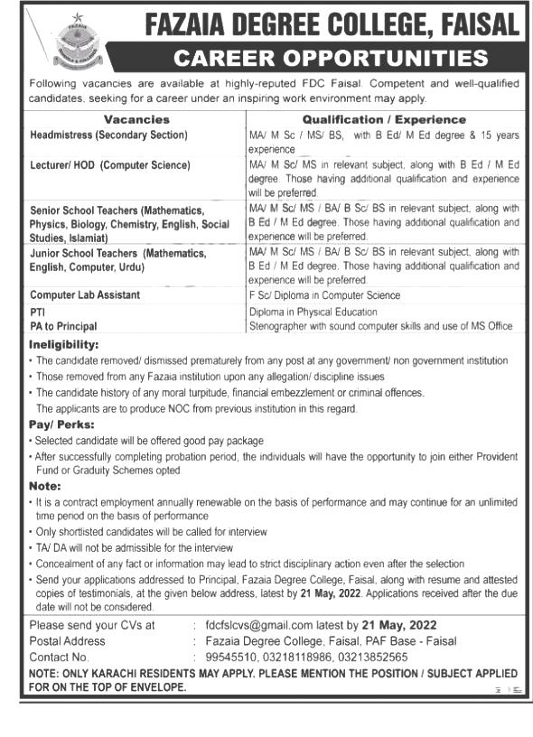 Fazaia Degree College Faisal Karachi Jobs 2022 May Advertisement