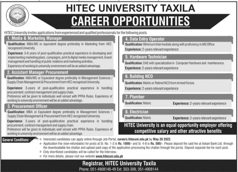 HITEC University Taxila Jobs 2022 Online Form Careers.hitecuni.edu.pk