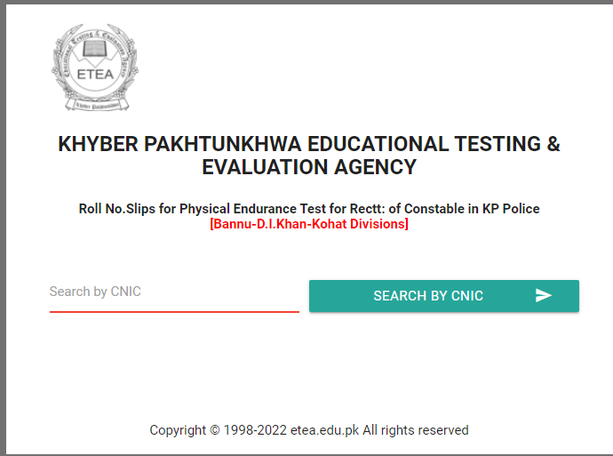 KPK Police Physical Test Roll Number Slips Download via ETEA