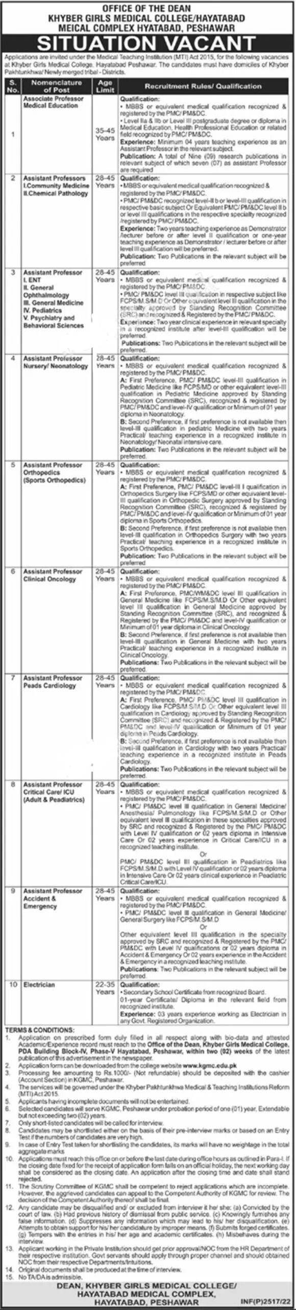 Khyber Girls Medical College Peshawar Jobs 2022 Latest Recruitment