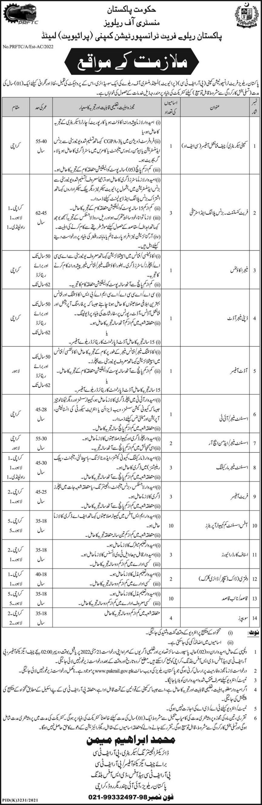 Ministry of Railways Jobs 2022 PRFTC Download Form Pakrail.gov.pk