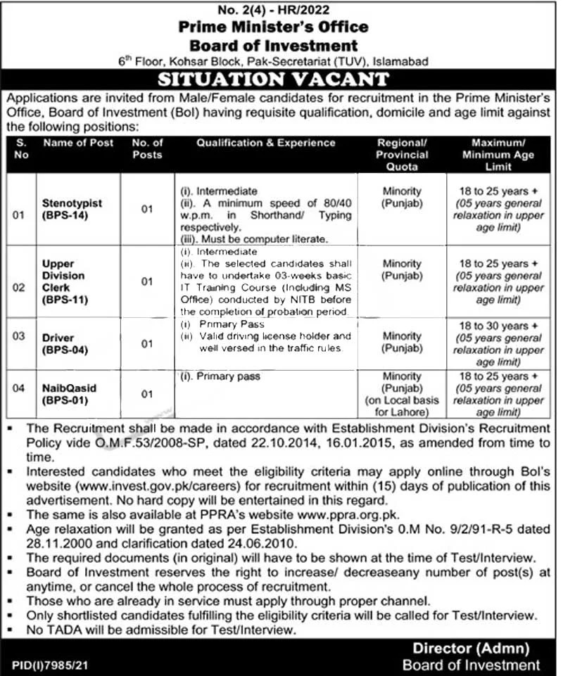 Prime Minister Office Board of Investment Jobs 2022 | www.invest.gov.pk
