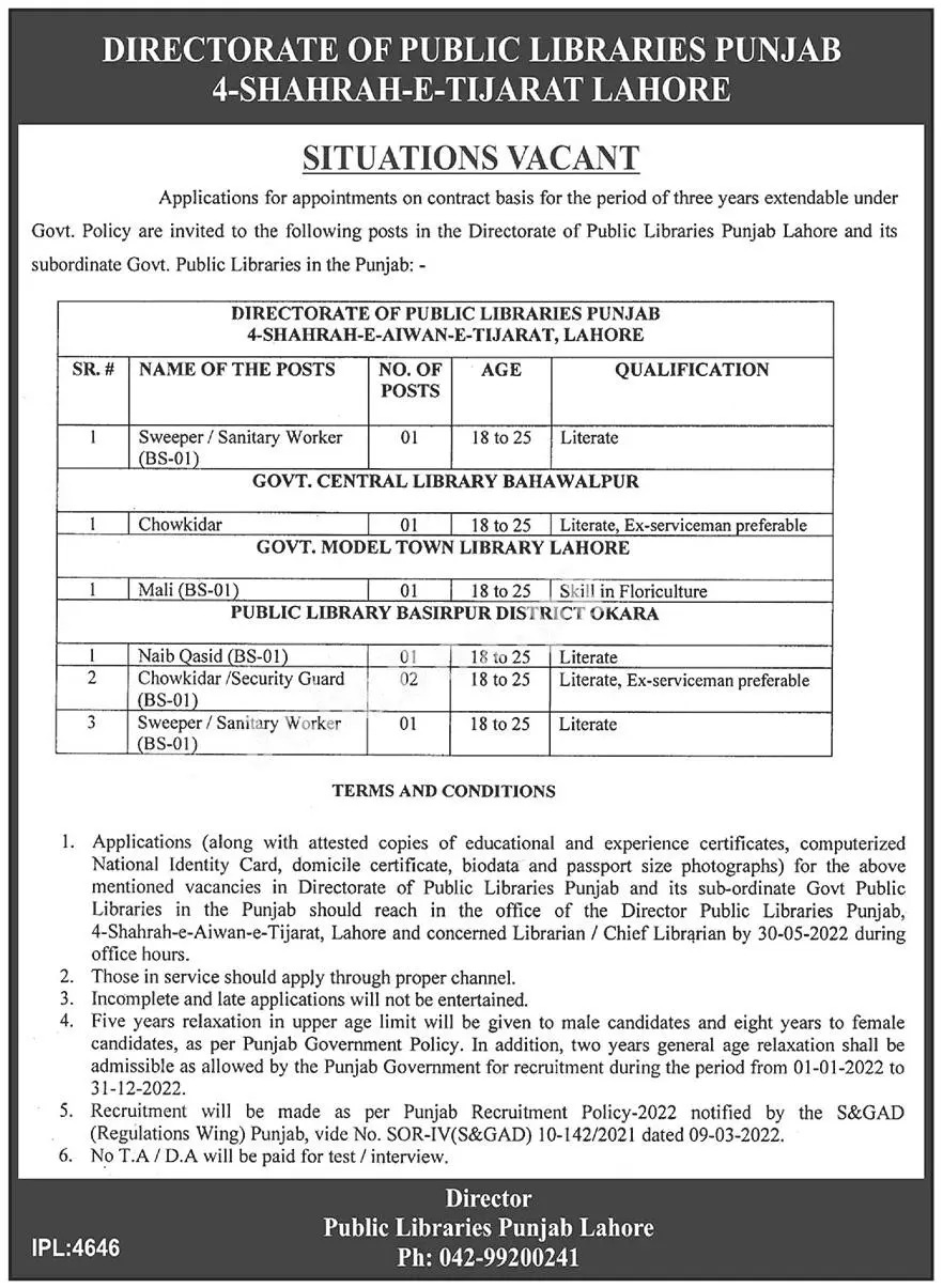 Public Libraries Punjab Jobs 2022 Download Form