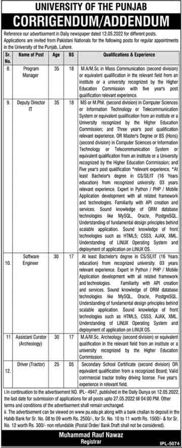 University of the Punjab PU Lahore Jobs