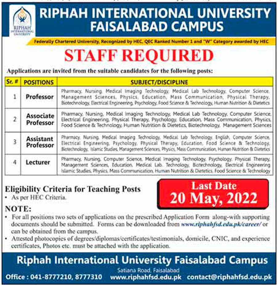 Riphah International University Jobs 2022 RIU Faisalabad Campus