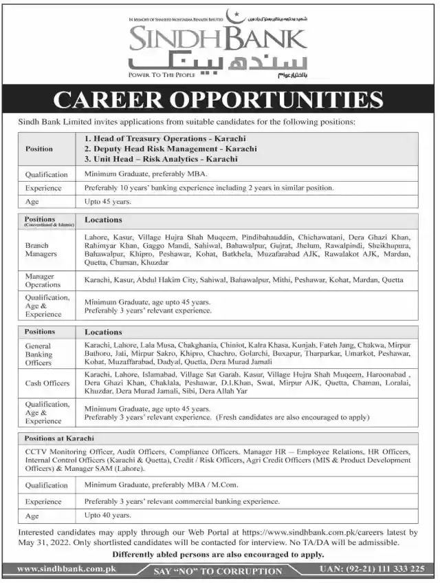 Sindh Bank Jobs 2022 in All Branches across Pakistan (500+ Vacancies)