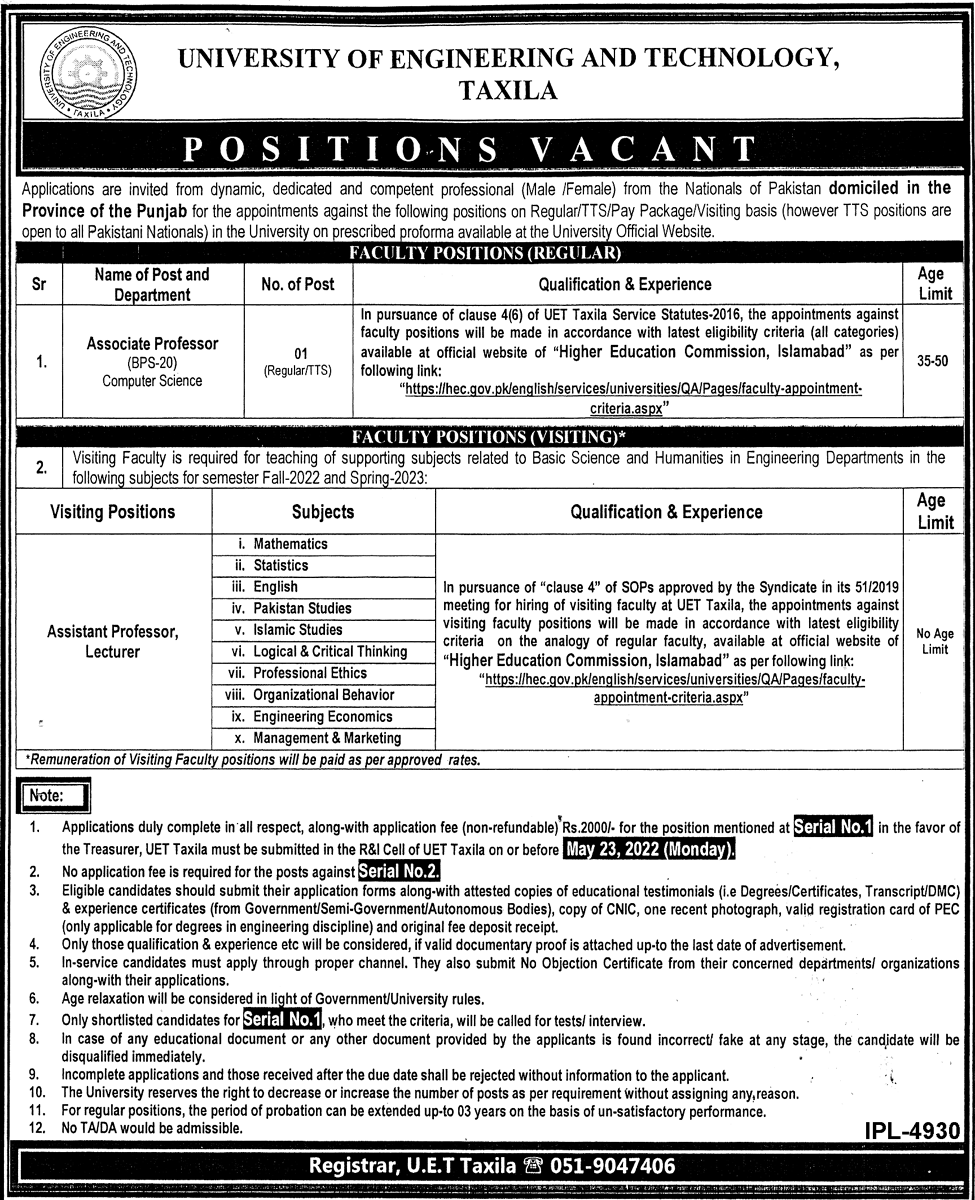 UET Taxila Jobs 2022 Download Form & Eligibility Criteria
