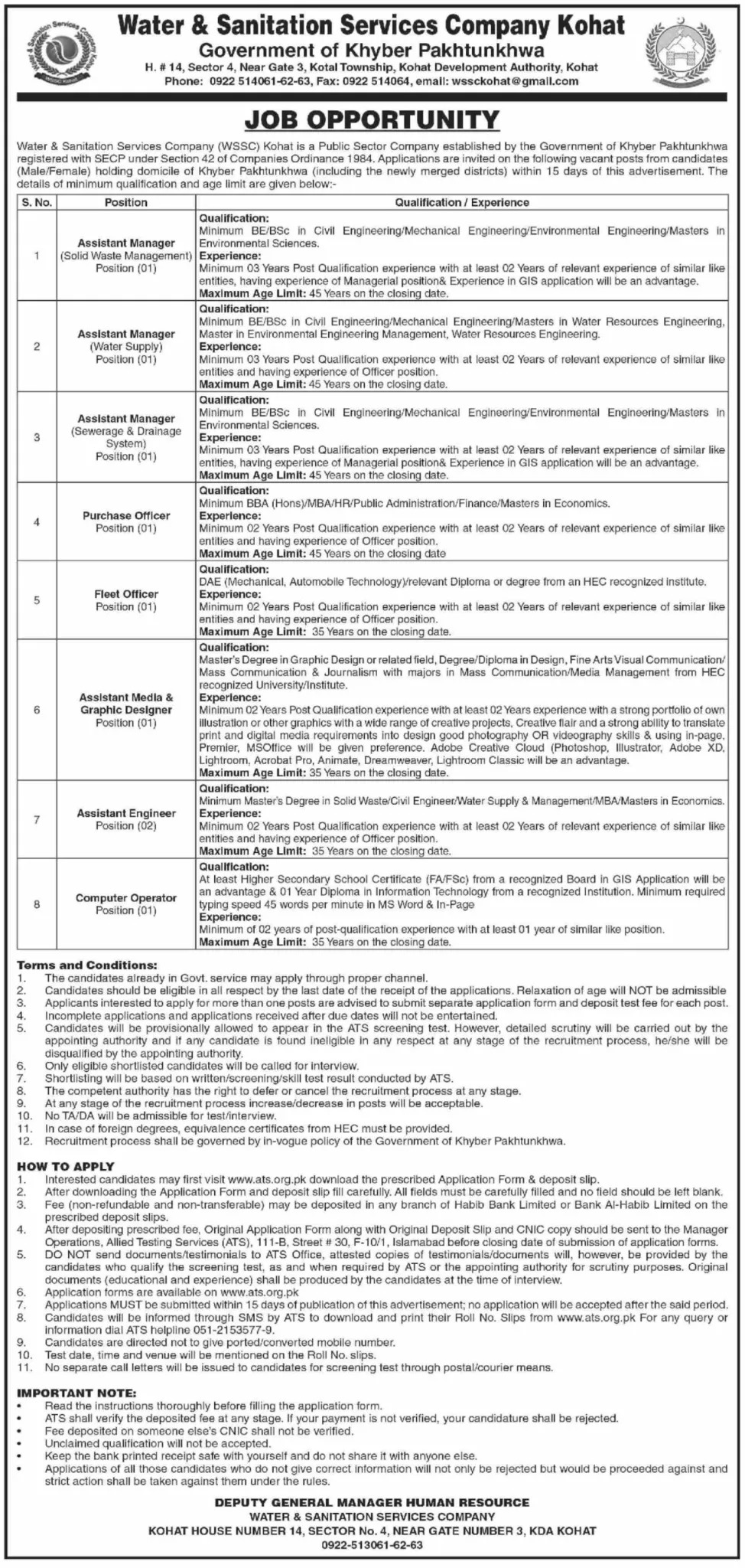 Water and Sanitation Services Company WSSC Kohat Jobs