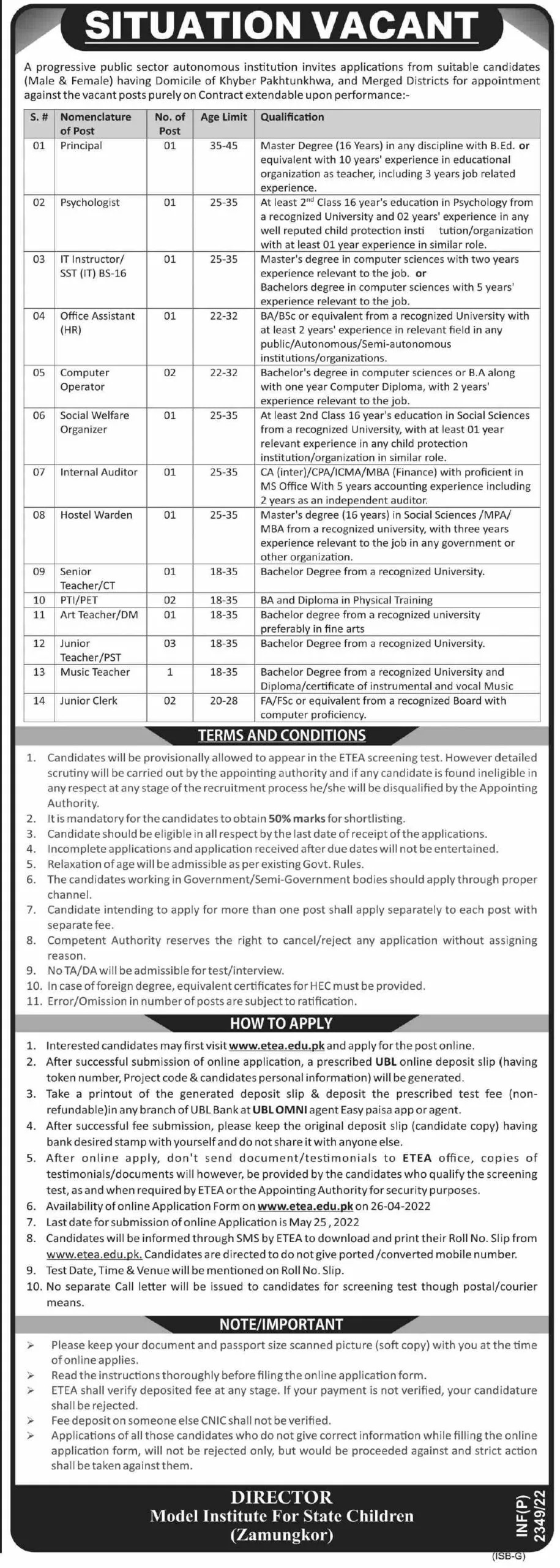 Model Institute for State Children Zamungkor Jobs 2022 via ETEA