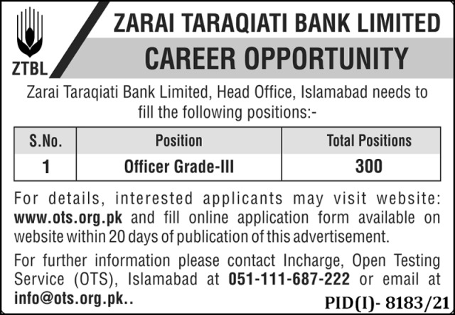 Zarai Taraqiati Bank Limited ZTBL Jobs 2022 via OTS (300 Positions)